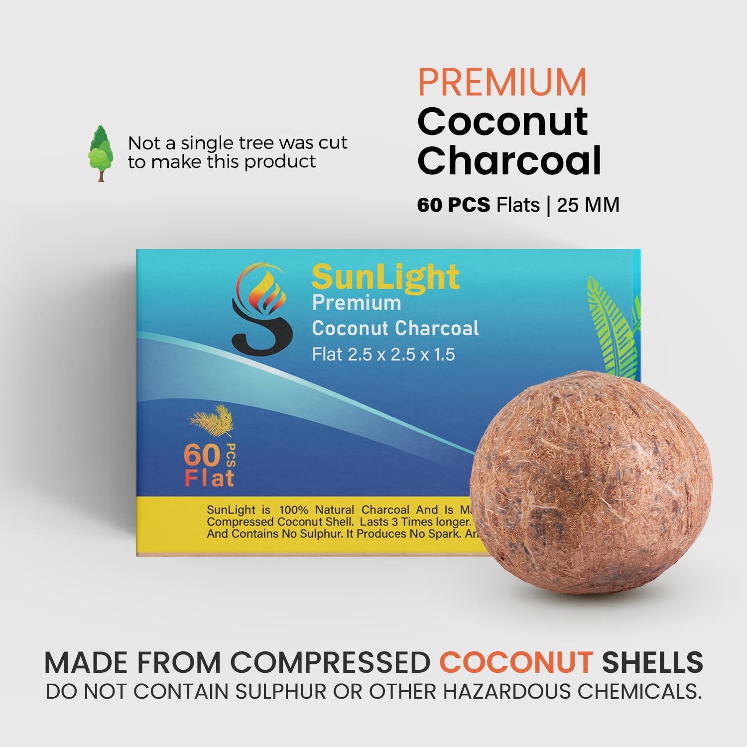 Sunlight Premium Coconut Charcoal Flats- 60 Half Cubes