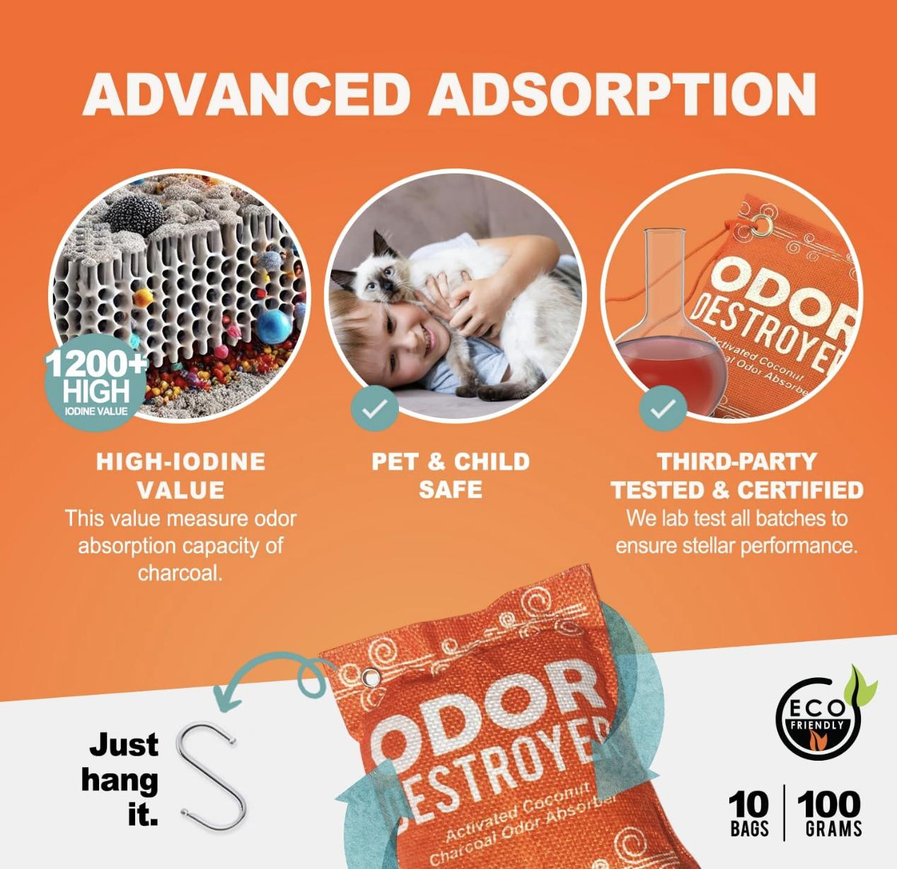 Sunlight Charcoal Odor Destroyer, Activated Coconut Charcoal Odor Absorber, Great for Eliminating Shoe Odors as Well as Lockers, Gym Bags, Bathrooms, Kitchens, Trash Cans, Litter Boxes, Closets & More, For a Fragrance-Free Clean Smell